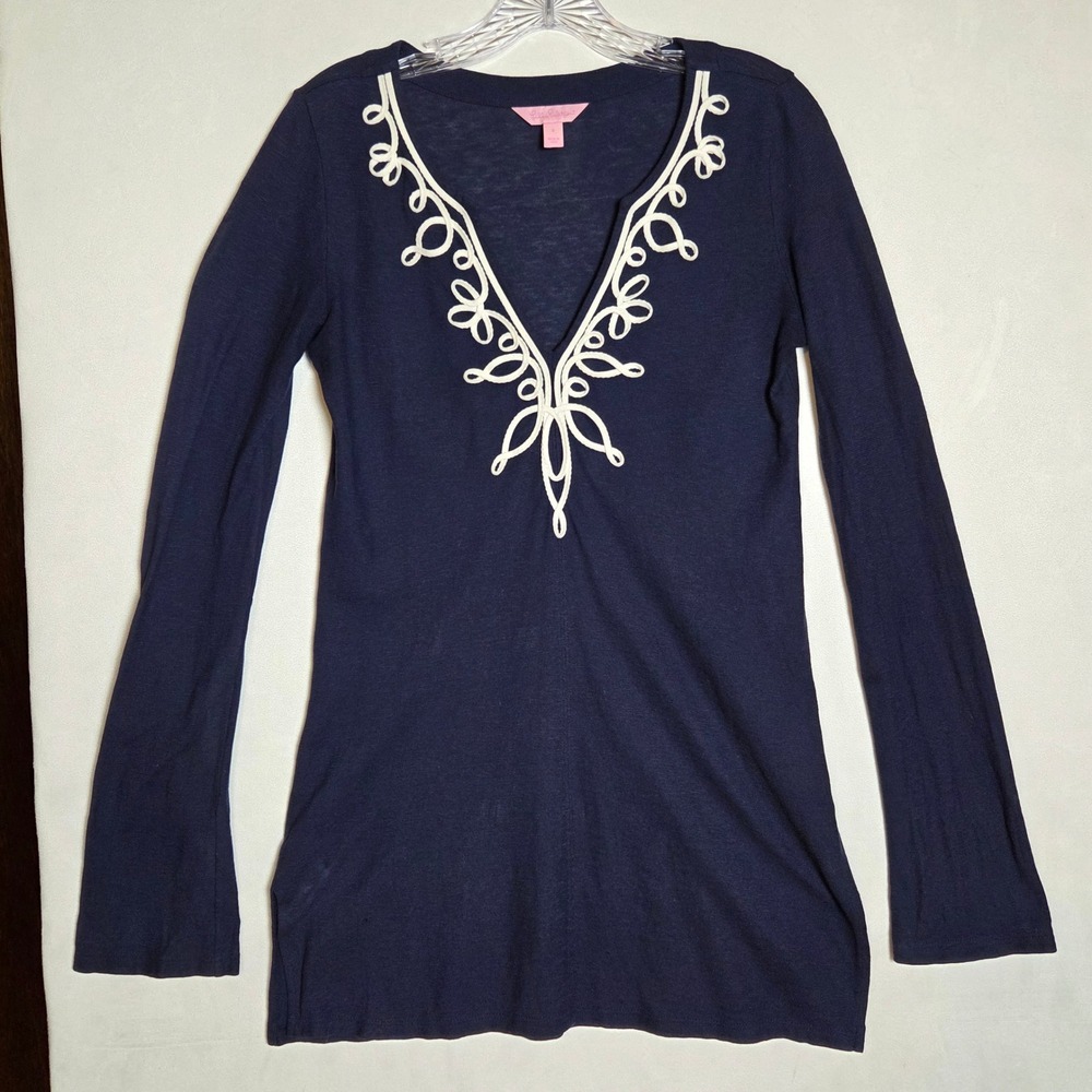 Lilly Pulitzer Navy Blue Cotton Soutache V-Neck Long Sleeve Tunic Top 76062 S